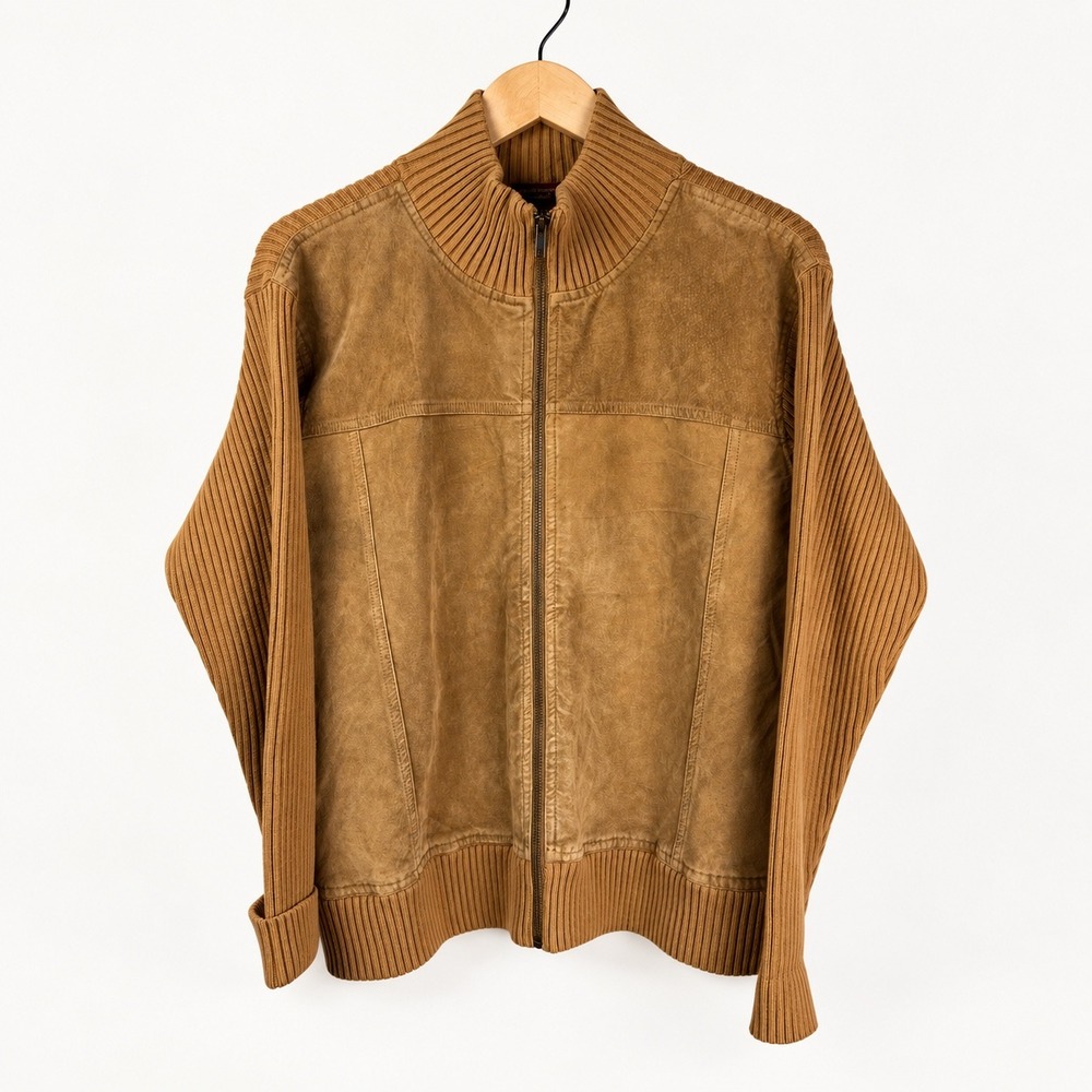 Eddie Bauer Seattle Suede Y2K Camel Mock Neck Ribbed Knit Zip Sweater Jacket XXL